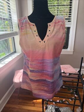 Sleeveless Multicolor Watercolor Stripe Top with Eyelet V-Neck